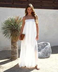 AAKA-001 Raine Strapless Crochet Trim Maxi Dress - White - SALE