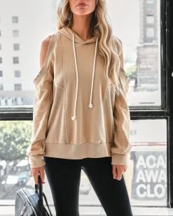 Myles Cotton Cold Shoulder Hoodie - Sand - FINAL SALE -clothes Sales rayoflightcottoncoldshouldertopsand103