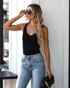 BY T-001 Regina V-Neck Bodysuit - Black - FINAL SALE