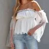 ON T-001 Renley Off The Shoulder Tulle Blouse - White - FINAL SALE