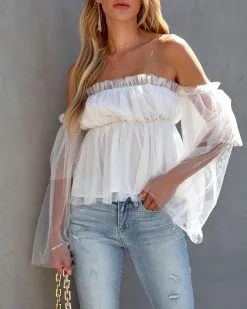 ON T-001 Renley Off The Shoulder Tulle Blouse - White - FINAL SALE