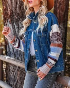 Rockie Pocketed Knit Sleeve Denim Jacket - FINAL SALE -clothes Sales rockiepocketedknitsleevedenimjacket98