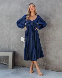 Romantic One Satin Pleated Midi Dress - Navy - FINAL SALE