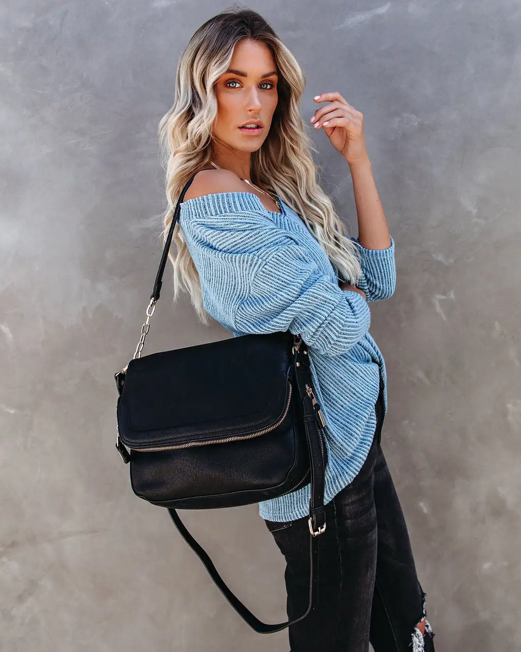 LUSH-001 Roza V-Neck Ribbed Knit Top - Blue - LAST CHANCE 5 LUSH-001 Roza V-Neck Ribbed Knit Top - Blue - LAST CHANCE - Image 5