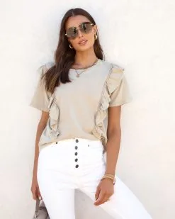 Saddie Cotton Ruffle Tee - Taupe - SALE