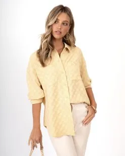GILL-001 Sandrina Checkered Button Down Top - Dusty Yellow - SALE