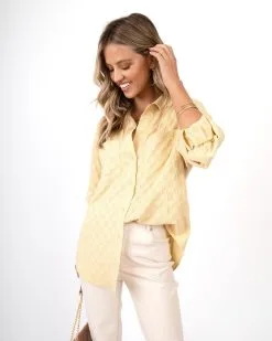 GILL-001 Sandrina Checkered Button Down Top - Dusty Yellow - SALE -clothes Sales sadrinacheckeredbuttondowntopdustyyellow0169