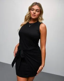 Sara Drape Side Tie Mini Dress - Black -clothes Sales saradrapesidetieminidressblack401