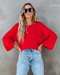 Shawn Ribbed Henley Top - Red - FINAL SALE -clothes Sales shawnribbedhenleytopred106