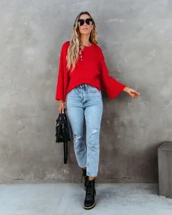 Shawn Ribbed Henley Top - Red - FINAL SALE -clothes Sales shawnribbedhenleytopred71