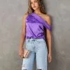 Simple Elegance Satin Off The Shoulder Top - Purple