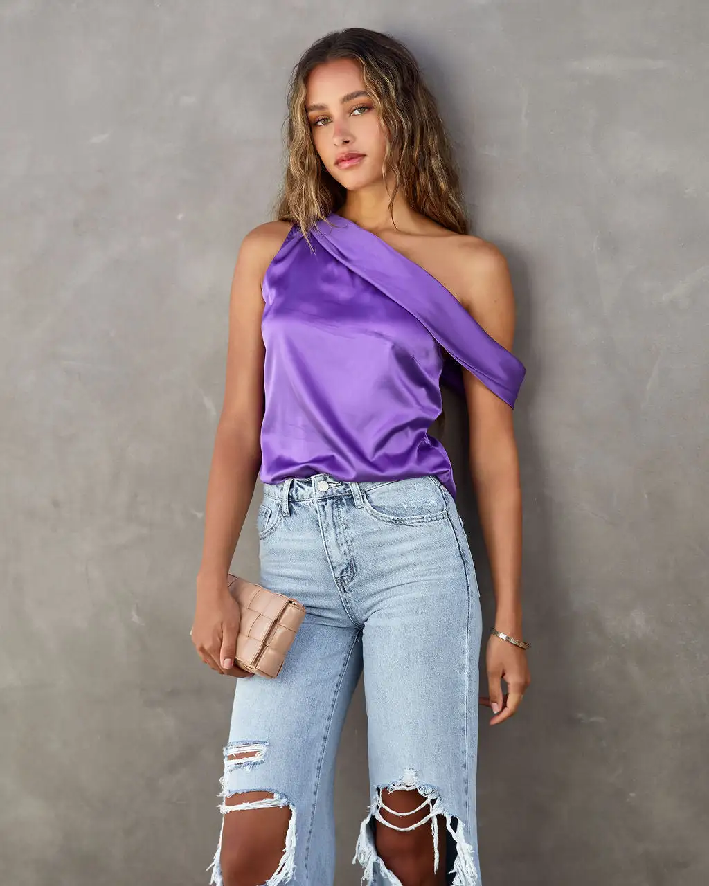 Simple Elegance Satin Off The Shoulder Top - Purple 1 Simple Elegance Satin Off The Shoulder Top - Purple