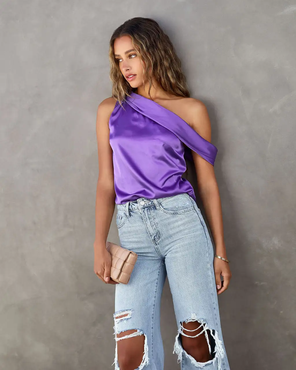 Simple Elegance Satin Off The Shoulder Top - Purple 5 Simple Elegance Satin Off The Shoulder Top - Purple - Image 5