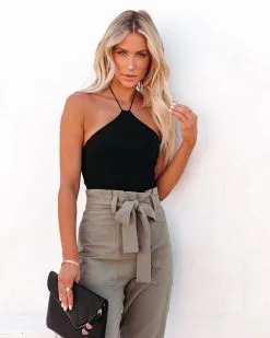 BLUE-001 Sis Cotton Ribbed Halter Bodysuit - Black