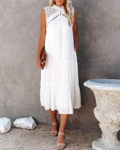 Sizzle Pocketed Crochet Lace Midi Dress - Off White - LAST CHANCE -clothes Sales sizzlepocketedcrochetlacemididressoffwhite31