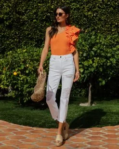 SALT-001 Statement Maker Ribbed One Shoulder Ruffle Bodysuit - Orange - SALE -clothes Sales statementmakerribbedoneshoulderrufflebodysuitorange1164