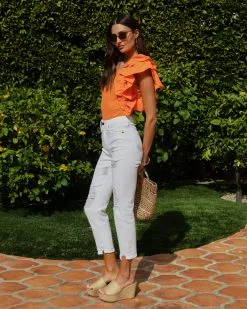 SALT-001 Statement Maker Ribbed One Shoulder Ruffle Bodysuit - Orange - SALE -clothes Sales statementmakerribbedoneshoulderrufflebodysuitorange1186