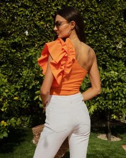 SALT-001 Statement Maker Ribbed One Shoulder Ruffle Bodysuit - Orange - SALE -clothes Sales statementmakerribbedoneshoulderrufflebodysuitorange1202