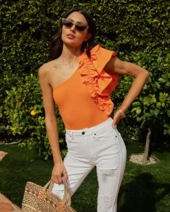 SALT-001 Statement Maker Ribbed One Shoulder Ruffle Bodysuit - Orange - SALE -clothes Sales statementmakerribbedoneshoulderrufflebodysuitorange1217