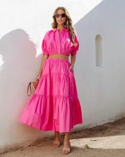 DANC-001 Sunny Meadow Tiered Midi Skirt - Hot Pink - SALE