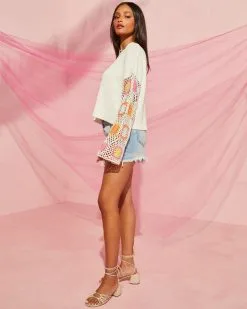 Sunsets Crochet Bell Sleeve Sweater - White -clothes Sales sunsetscrochetbellsleevesweaterehite74