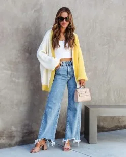 Sunshine Girl Knit Colorblock Cardigan - Ivory/Yellow - SALE