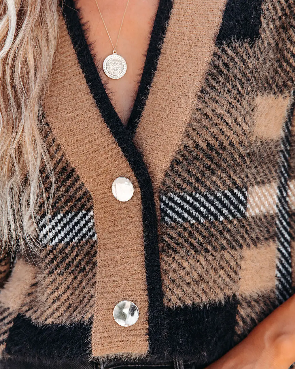Taylor Plaid Fuzzy Knit Cardigan - Camel 4 Taylor Plaid Fuzzy Knit Cardigan - Camel - Image 4