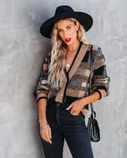 Taylor Plaid Fuzzy Knit Cardigan - Camel