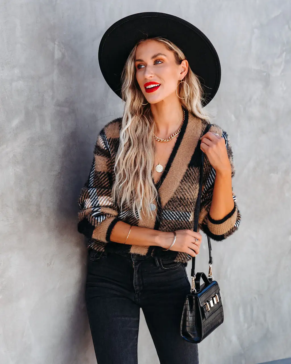 Taylor Plaid Fuzzy Knit Cardigan - Camel 8 Taylor Plaid Fuzzy Knit Cardigan - Camel - Image 8