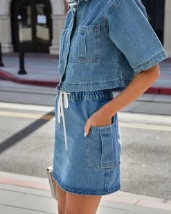 BLUE-001 Tina Cargo Drawstring Denim Mini Skirt - SALE