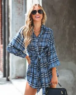 AEOM-001 Touch Of Plaid Front Tie Shirt Dress - Blue - FINAL SALE -clothes Sales touchofplaidfronttieshirtdressblue103