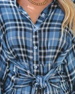 AEOM-001 Touch Of Plaid Front Tie Shirt Dress - Blue - FINAL SALE -clothes Sales touchofplaidfronttieshirtdressblue125