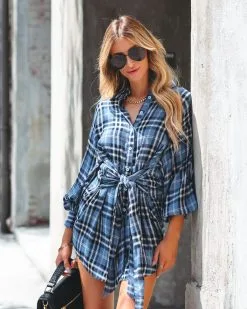 AEOM-001 Touch Of Plaid Front Tie Shirt Dress - Blue - FINAL SALE -clothes Sales touchofplaidfronttieshirtdressblue95