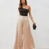 SALT-001 True Elegance Satin Pleated Belted Wide Leg Pants - Light Taupe