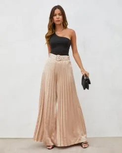 SALT-001 True Elegance Satin Pleated Belted Wide Leg Pants - Light Taupe