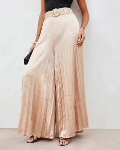 SALT-001 True Elegance Satin Pleated Belted Wide Leg Pants - Light Taupe -clothes Sales trueelegancesatinpleatedbeltedwidelegpantslighttaupe441