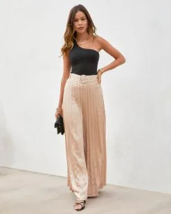 SALT-001 True Elegance Satin Pleated Belted Wide Leg Pants - Light Taupe -clothes Sales trueelegancesatinpleatedbeltedwidelegpantslighttaupe91