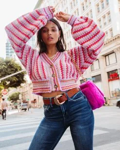 BLU-001 Tunnel Vision Striped Knit Balloon Sleeve Cardigan - FINAL SALE -clothes Sales tunnelvisionstripedcaridgan161