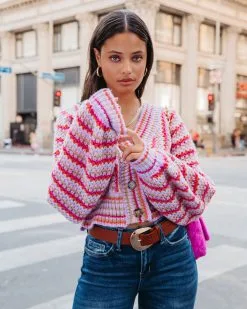 BLU-001 Tunnel Vision Striped Knit Balloon Sleeve Cardigan - FINAL SALE