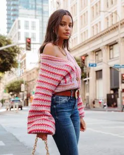 BLU-001 Tunnel Vision Striped Knit Balloon Sleeve Cardigan - FINAL SALE -clothes Sales tunnelvisionstripedcaridgan71