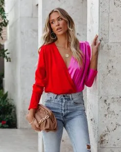 STRU-001 Two Sides Satin Drape Bodysuit - Red Fuchsia - SALE