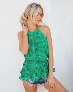 Viera Polka Dot Pleated Tie Top - Green - LAST CHANCE -clothes Sales vierapolkadotpleatedtietop04