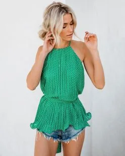 Viera Polka Dot Pleated Tie Top - Green - LAST CHANCE -clothes Sales vierapolkadotpleatedtietop14