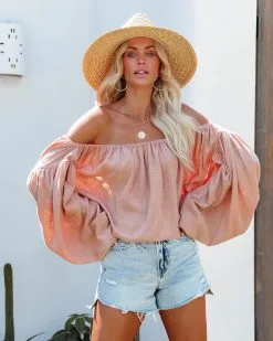 Vihara Cotton Off The Shoulder Billowed Top - Dusty Peach - LAST CHANCE -clothes Sales viharacottonofftheshoulderbillowedtopdustypeach76
