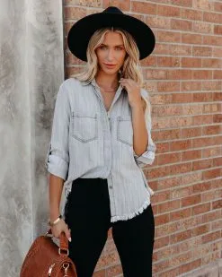 Virginia Tencel Frayed Button Down Top - Light Grey - FINAL SALE