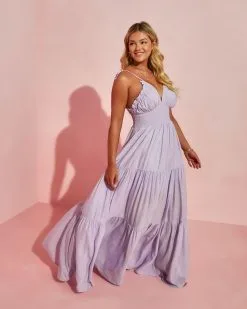 Whisked Away Smocked Halter Pocketed Tiered Maxi Dress - Lavender -clothes Sales whiskedawaysmockedhalterpocketedtieredmaxidresslavender1161
