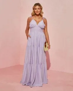 Whisked Away Smocked Halter Pocketed Tiered Maxi Dress - Lavender -clothes Sales whiskedawaysmockedhalterpocketedtieredmaxidresslavender201