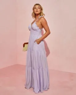 Whisked Away Smocked Halter Pocketed Tiered Maxi Dress - Lavender -clothes Sales whiskedawaysmockedhalterpocketedtieredmaxidresslavender581