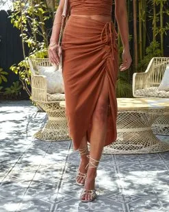 AAKA-001 Wish You Were Cotton Ruched Midi Skirt - Toffee - SALE