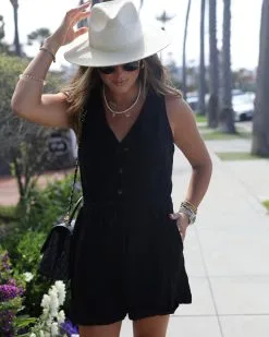 Emily Pocketed Drawstring Romper - Black